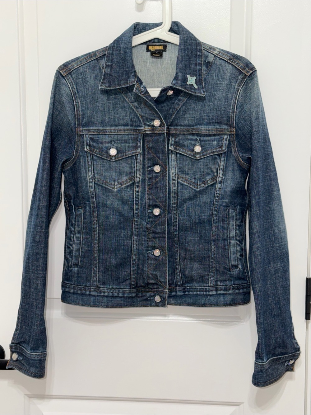 Manuel Denim Jacket Women’s Sz Small Rhinestone Buttons Cross Detail Made in USA - Picture 1 of 16